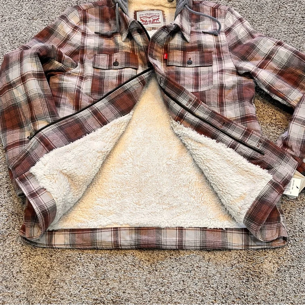 Levi's® Sherpa Lined Brown Ombre Plaid Shirt Jacket Jersey Hoodie Men’s L NEW - Picture 10 of 16
